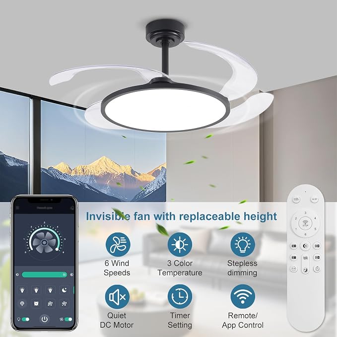 48'' Retractable Ceiling Fan with Remote Control,Bladeless Ceiling Fan with LED Lights,Stepless Full Spectrum,Memory,Modern