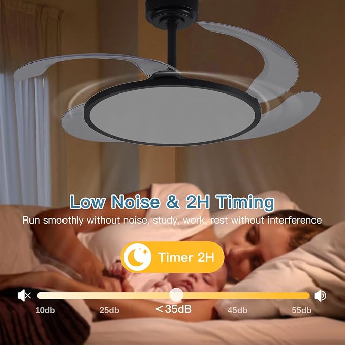 48'' Retractable Ceiling Fan with Remote Control,Bladeless Ceiling Fan with LED Lights,Stepless Full Spectrum,Memory,Modern