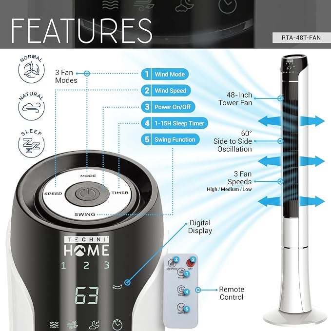 48" Tower Fan with Remote, Standing Fan for Bedroom with 3 Wind Modes and Speeds, LED Display, 15 Hour Sleep Timer, alternate