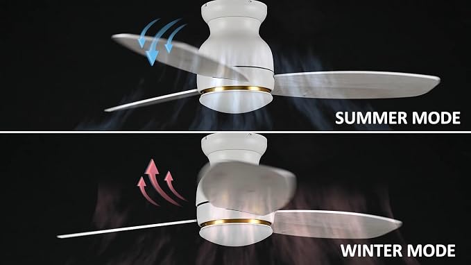48" White Ceiling Fan with Light Flush Mount, DC 10 Speeds Silent Ceiling Fan with Remote, 3 Dual Finish Blades, 2 Light