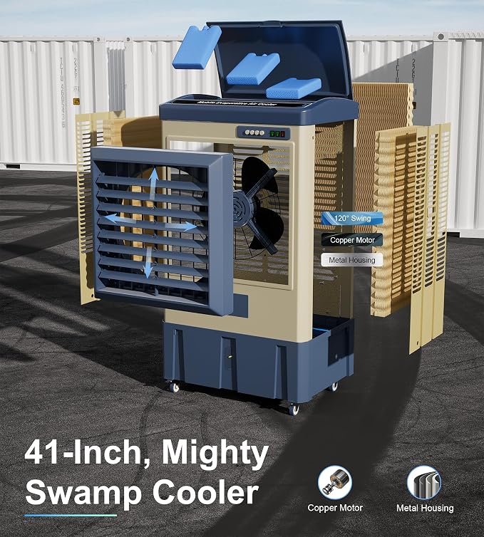 4800 CFM Swamp Cooler,41" Evaporative Air Cooler with 10.6 Gal Water Tank,3 Ice Packs,120° Swing,3 Speeds,Swamp Cooler Air