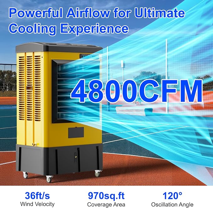 4800CFM Portable Swamp Cooler, Evaporative Air Cooler with 10.6 Gal Water Tank, Continuous Auto Fill, 3 Speeds