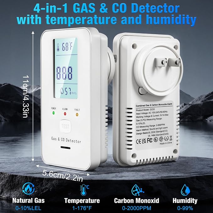 4in1 Combustible Natural Gas & Carbon Monoxide Detector, CO Leak Detector Home Air Quality Monitor with Digital Display for