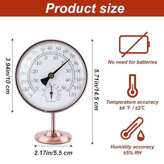 4inch/10.16cm Indoor Thermometer and Humidity Gauge, Indoor Thermometer Hygrometer Gauge with Humidity Reading Monitor Brass