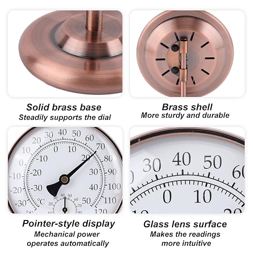 4inch/10.16cm Indoor Thermometer and Humidity Gauge, Indoor Thermometer Hygrometer Gauge with Humidity Reading Monitor Brass