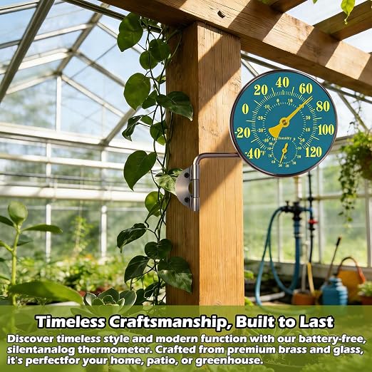 4Inch Outdoor Thermometer and Humidity Gauge Window Thermometer Solid Brass Analog Temperature Gauge with Stand No Battery