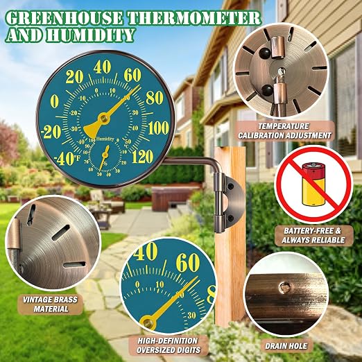 4Inch Outdoor Thermometer and Humidity Gauge Window Thermometer Solid Brass Analog Temperature Gauge with Stand No Battery