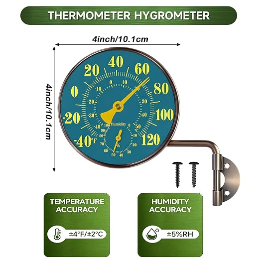 4Inch Outdoor Thermometer and Humidity Gauge Window Thermometer Solid Brass Analog Temperature Gauge with Stand No Battery