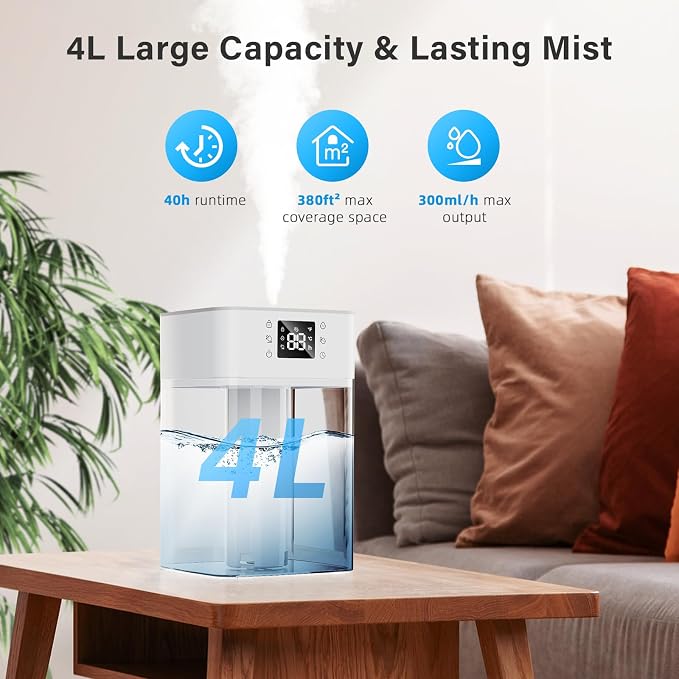 4L Humidifiers for Bedroom, Cool Mist Humidifier for Large Room, 40H Runtime, 360° Nozzle, Night Light for Home, Office
