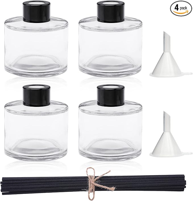 4PCS Fragrance Glass Diffuser Bottles, Refillable Diffuser Bottles with 20pcs Reeds Sticks & Black Caps & Funnel, product