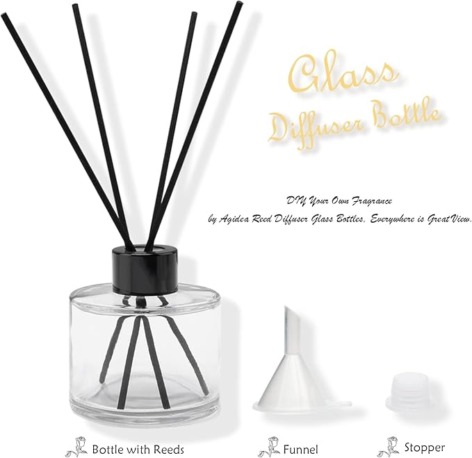 4PCS Fragrance Glass Diffuser Bottles, Refillable Diffuser Bottles with 20pcs Reeds Sticks & Black Caps & Funnel, alternate