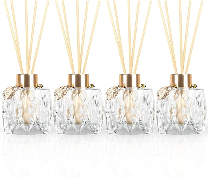 4Pcs Reed Diffuser Set with Metal Golden Decoration, 3.5oz Empty Reed Diffuser Bottles with 20Pcs Reed Diffuser Sticks