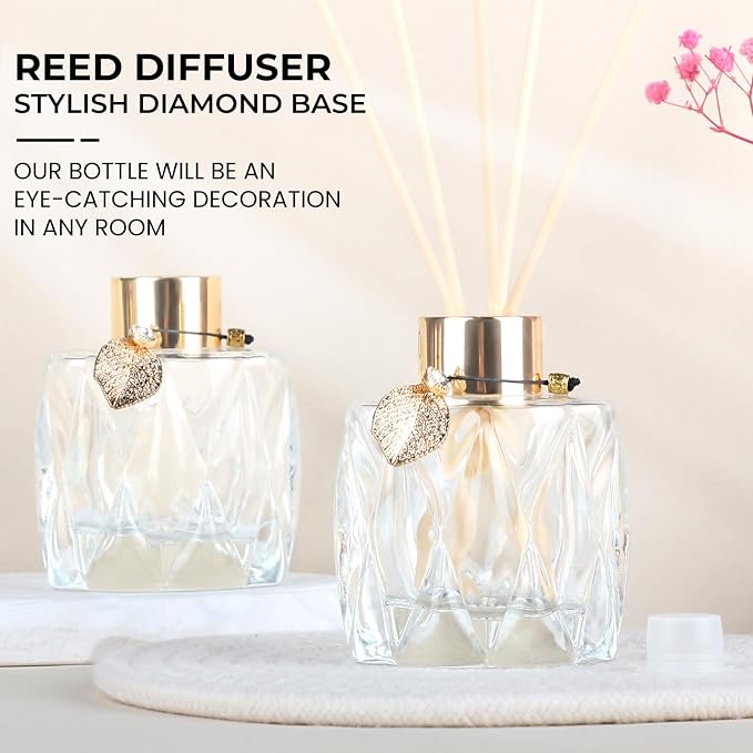 4Pcs Reed Diffuser Set with Metal Golden Decoration, 3.5oz Empty Reed Diffuser Bottles with 20Pcs Reed Diffuser Sticks