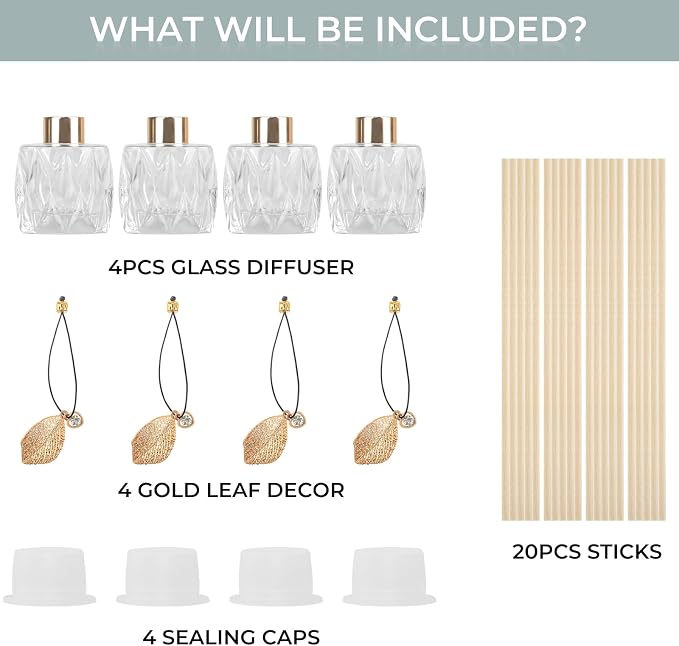 4Pcs Reed Diffuser Set with Metal Golden Decoration, 3.5oz Empty Reed Diffuser Bottles with 20Pcs Reed Diffuser Sticks
