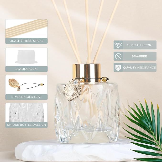 4Pcs Reed Diffuser Set with Metal Golden Decoration, 3.5oz Empty Reed Diffuser Bottles with 20Pcs Reed Diffuser Sticks