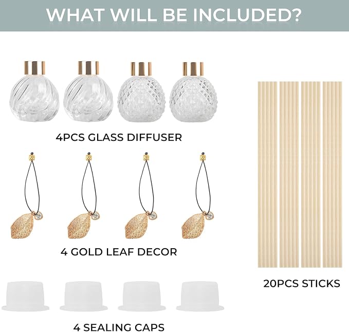 4Pcs Reed Diffuser Set with Metal Golden Decoration, Empty Reed Diffuser Bottles with 20Pcs Reed Diffuser Sticks, alternate