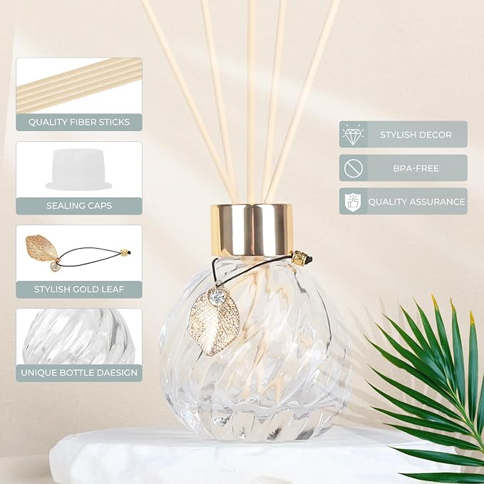 4Pcs Reed Diffuser Set with Metal Golden Decoration, Empty Reed Diffuser Bottles with 20Pcs Reed Diffuser Sticks, alternate