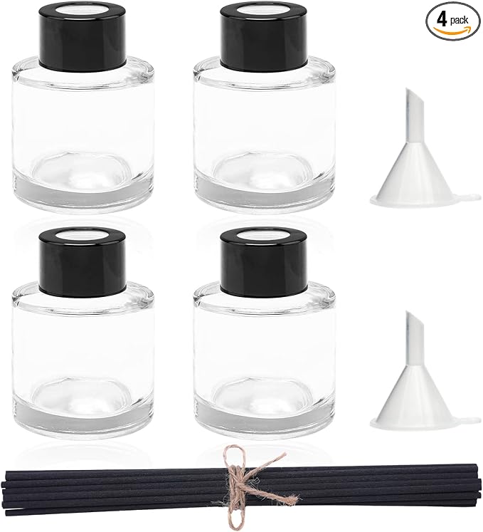 4PCS Refillable Fragrance Glass Diffuser Bottles with 20pcs Reeds Sticks & Black Caps & Funnel, product image
