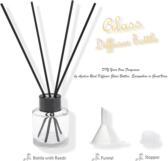 4PCS Refillable Fragrance Glass Diffuser Bottles with 20pcs Reeds Sticks & Black Caps & Funnel, alternate product view 2