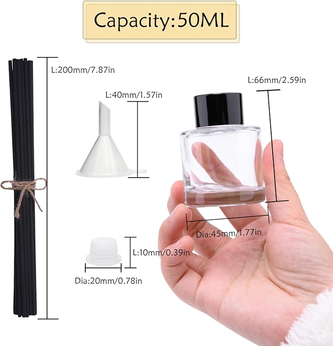 4PCS Refillable Fragrance Glass Diffuser Bottles with 20pcs Reeds Sticks & Black Caps & Funnel, alternate product view 3