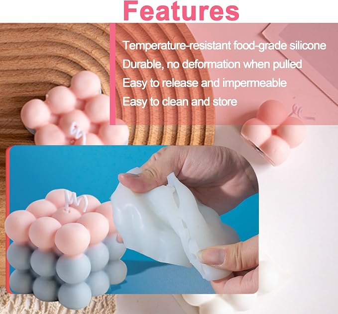 4Pcs Silicone Bubble Candle Molds Set for Making, 3D Cube Mold for Soy Wax, Soap, DIY Scented Candles, Cake 4Pcs 2.4 inches