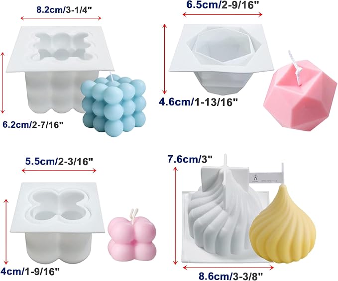 4Pcs Silicone Bubble Candle Molds Set for Making, 3D Cube Mold for Soy Wax, Soap, DIY Scented Candles, Cake 4Pcs 2.4 inches