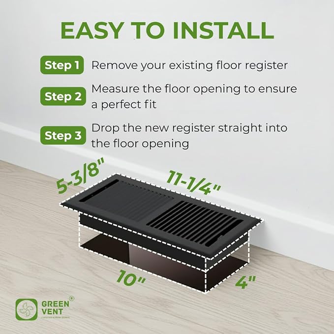 4x10 Floor Register (2 Pack) – 2 Way Airflow, Heavy Duty Steel Walkable Floor Vent Cover with Removable Mesh Filter, Dust &