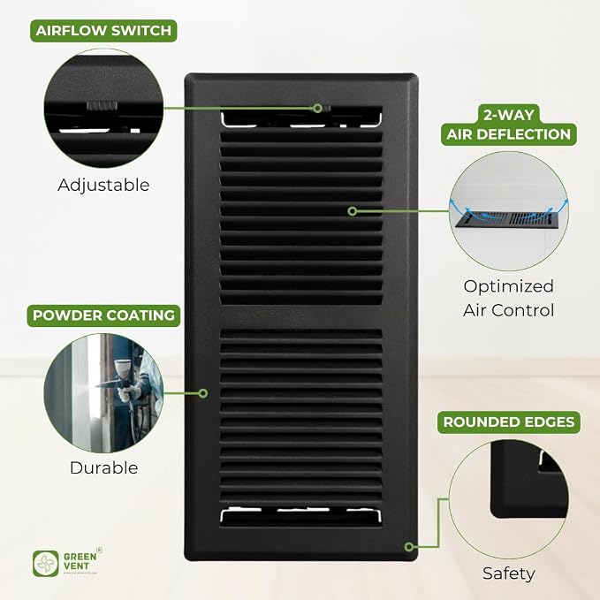 4x10 Floor Register (2 Pack) – 2 Way Airflow, Heavy Duty Steel Walkable Floor Vent Cover with Removable Mesh Filter, Dust &