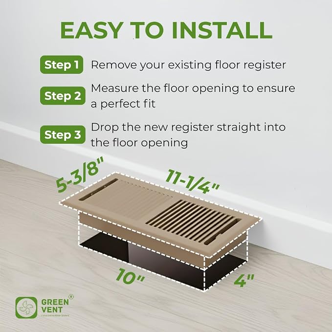 4x10 Floor Register – 2 Way Airflow, Heavy Duty Steel Walkable Floor Vent Cover with Removable Mesh Filter, Dust & Bug