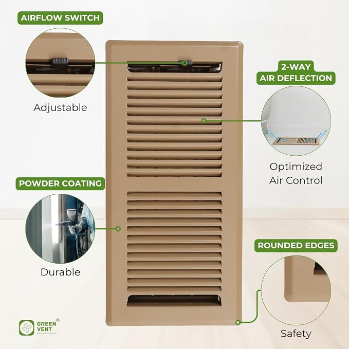 4x10 Floor Register – 2 Way Airflow, Heavy Duty Steel Walkable Floor Vent Cover with Removable Mesh Filter, Dust & Bug