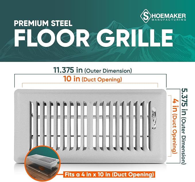 4x10 Floor Register – Cement Gray Heavy Duty Metal Floor Vent Cover for Home Floors - Premium Forced Air Vent Covers