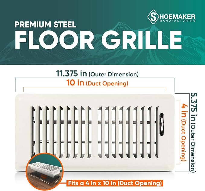 4x10 Floor Register – Warm White Heavy Duty Metal Floor Vent Cover for Home Floors - Premium Forced Air Vent, alternate view