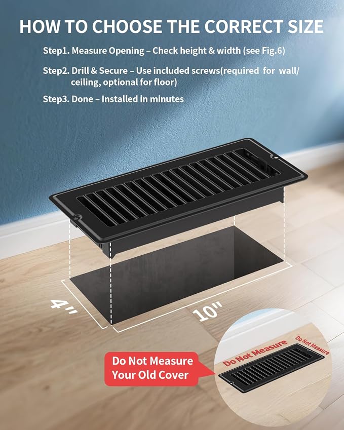 4x10 Floor Regsiter Vent Covers for Home Floor Wall Ceiling - Black with Screws for Easy Installation - Heavy Duty Steel