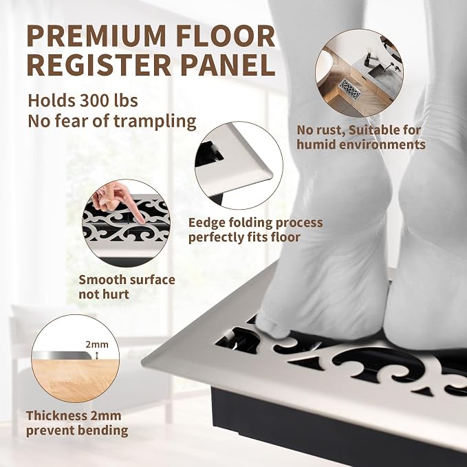 4x10 Inches Air Floor Vents Register Ease Adjust Air Flow Savannah Design-Heavy Duty Walkable Steel Decorative Floor Vent for