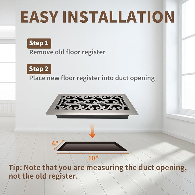 4x10 Inches Air Floor Vents Register Ease Adjust Air Flow Savannah Design-Heavy Duty Walkable Steel Decorative Floor Vent for