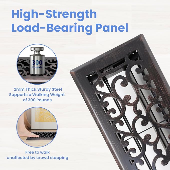 4x10 Inches Heavy Duty Walkable Floor Register - Easy Adjust Air Supply Lever Decorative Floor Vent Covers - Savannah Design