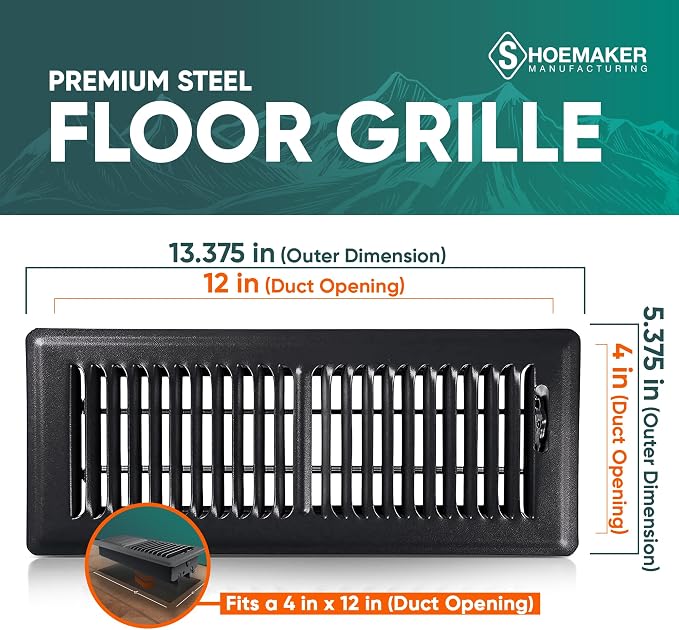 4x12 Floor Register – Black Heavy Duty Metal Floor Vent Cover for Home Floors - Premium Forced Air Vent Covers, alternate