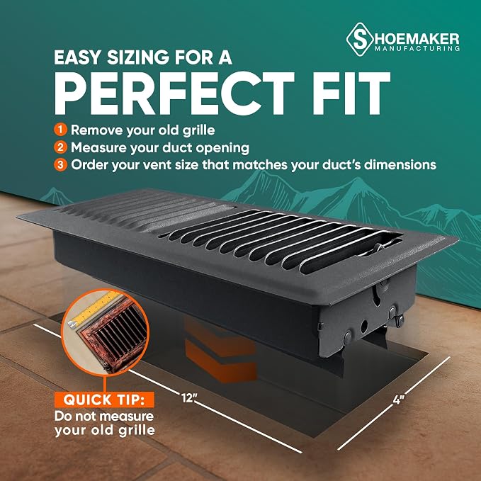 4x12 Floor Register – Black Heavy Duty Metal Floor Vent Cover for Home Floors - Premium Forced Air Vent Covers, alternate