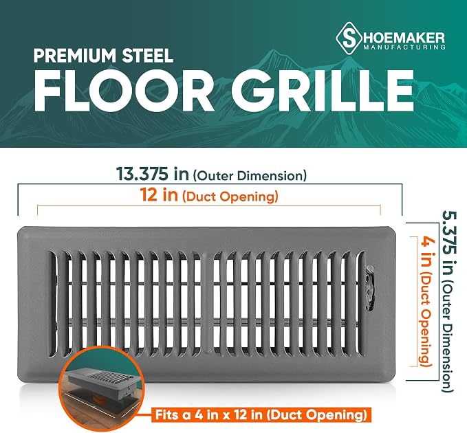 4x12 Floor Register – Storm Gray Heavy Duty Metal Floor Vent Cover for Home Floors - Premium Forced Air Vent Covers