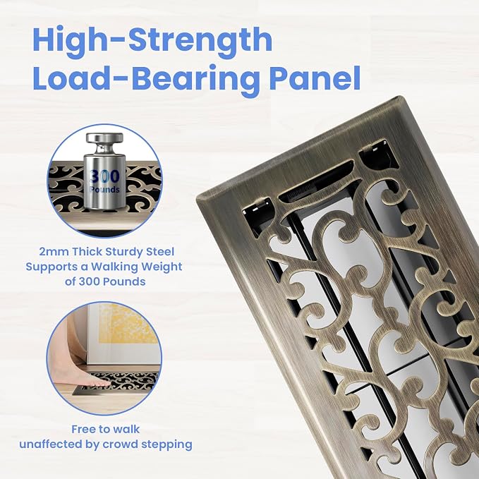 4x12 Inches 2 Pack Heavy Duty Walkable Floor Register - Easy Adjust Air Supply Lever Decorative Floor Vent Covers - Savannah