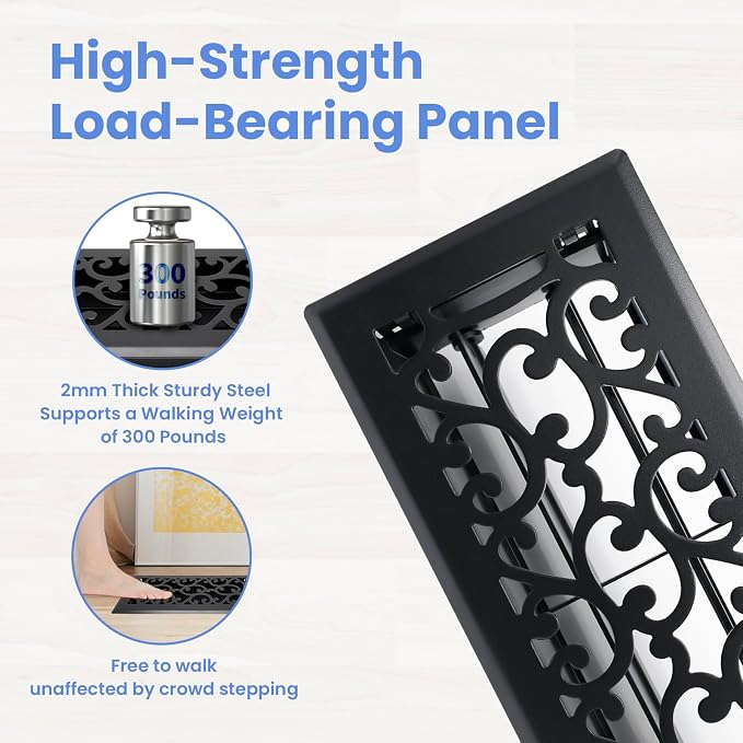 4x12 Inches 2 Pack Heavy Duty Walkable Floor Register - Easy Adjust Air Supply Lever Decorative Floor Vent Covers - Savannah