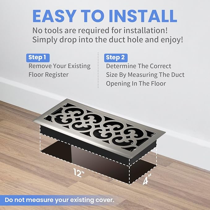 4x12 Inches 2 Pack Heavy Duty Walkable Floor Register Easy Adjust Air Supply Lever Floor Vents - Charlotte Design - Vent