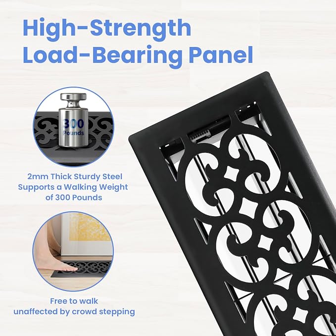 4x12 Inches 2 Pack Heavy Duty Walkable Floor Register - Easy Adjust Air Supply Lever Vents - Charlotte Design - Vent Cover