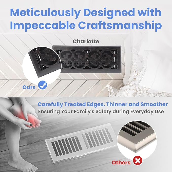 4x12 Inches 4 Pack Heavy Duty Walkable Floor Register - Easy Adjust Air Supply Lever Decorative Floor Vent Covers, Charlotte