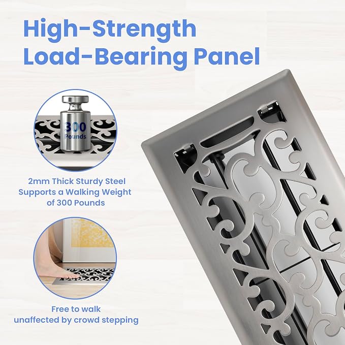 4x12 Inches Heavy Duty Walkable Floor Register - Easy Adjust Air Supply Lever Decorative Floor Vent Covers - Savannah Design