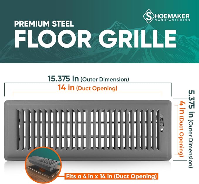 4x14 Floor Register – Storm Gray Heavy Duty Metal Floor Vent Cover for Home Floors - Premium Forced Air Vent Covers
