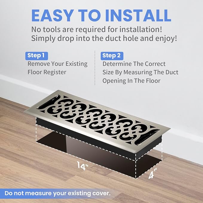 4x14 Inches Heavy Duty Walkable Floor Register Easy Adjust Air Supply Lever Floor Vents - Charlotte Design - Vent Cover for