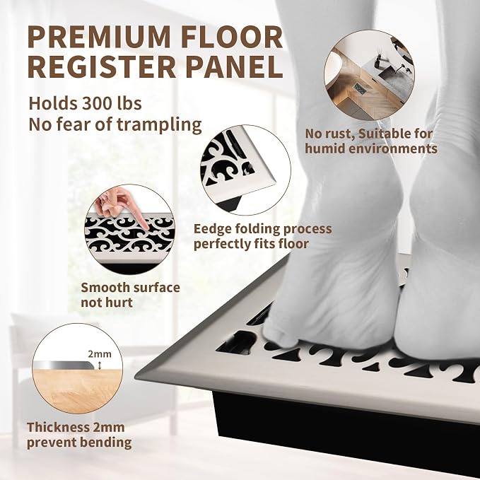4x8 Inches Air Floor Vents Register Ease Adjust Air Flow Savannah Design-Heavy Duty Walkable Steel Decorative Vent Covers for
