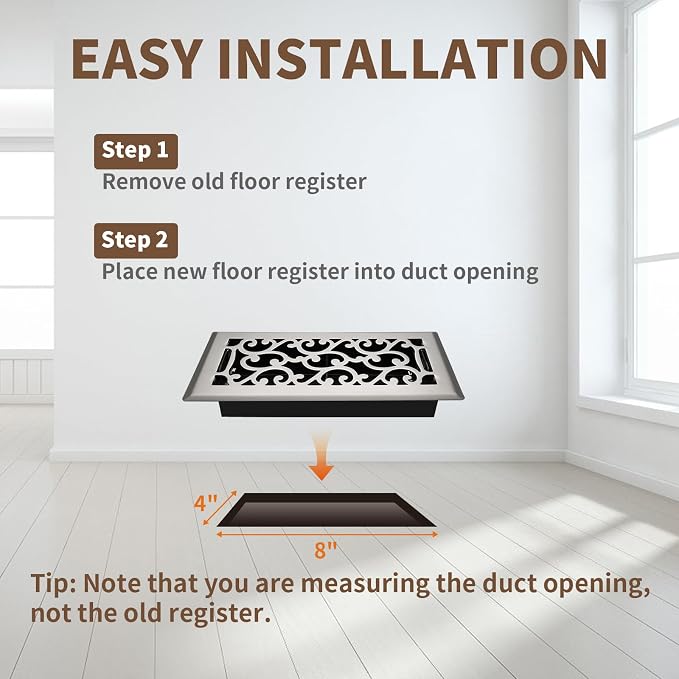 4x8 Inches Air Floor Vents Register Ease Adjust Air Flow Savannah Design-Heavy Duty Walkable Steel Decorative Vent Covers for