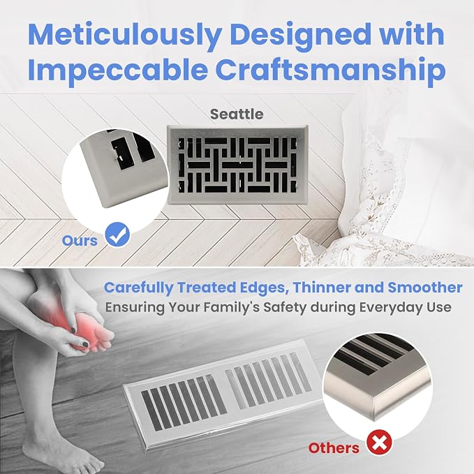 4x8 Inches Heavy Duty Walkable Floor Register Easy Adjust Air Supply Lever Floor Vents - Seattle Design - Vent Cover for Home